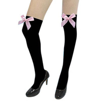 Pink Bow-Black Opaque Overknee Socks