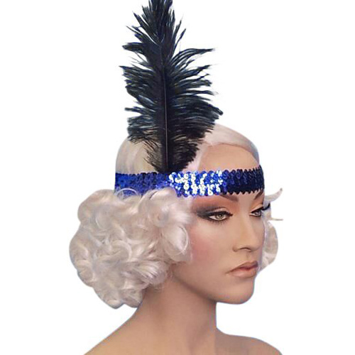Headband - Blue Sequin Flapper Headband W/Feather 