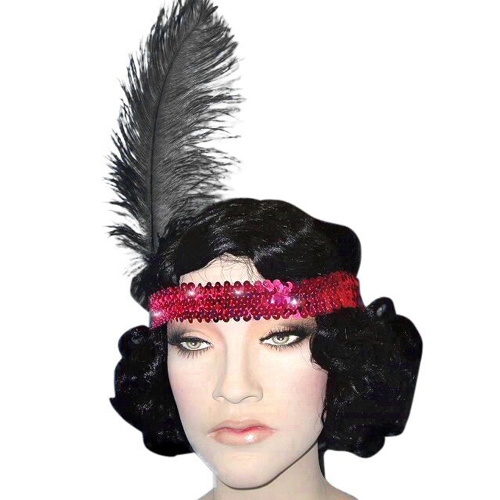 Headband - Pink Sequin Flapper Headband W/Feather 