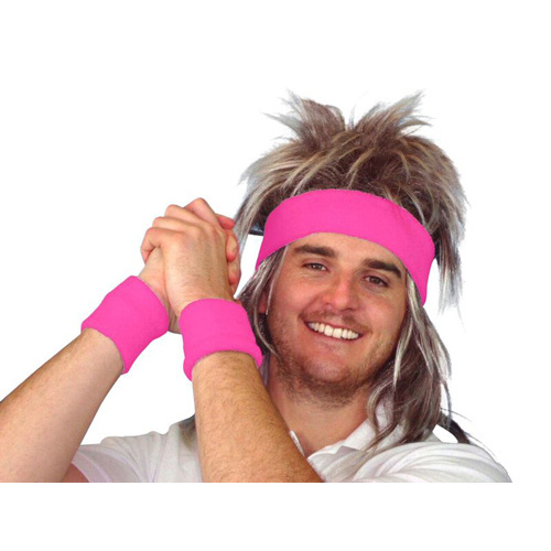 80s Neon Burgundy Headband Wristband Athlete Tennis Player Costume Kit 